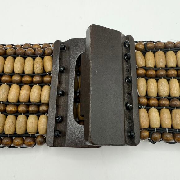 Vintage Stretch Beaded Belt w/ Wood Buckle – 2.5" Wide Boho Y2K Festival - Picture 7 of 9